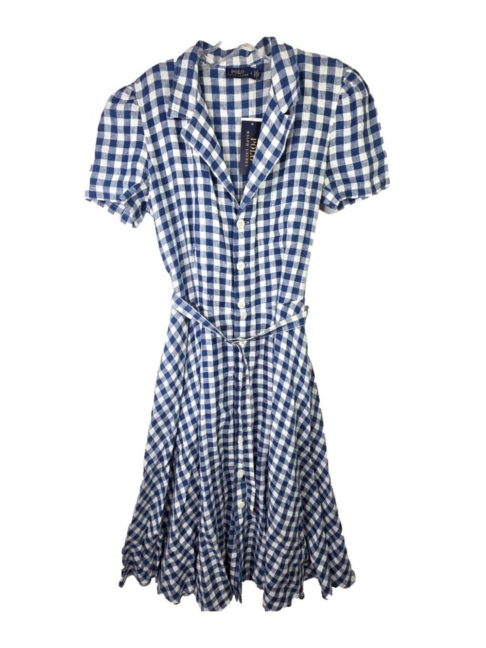 Polo by Ralph Lauren Blue and White Gingham Midi Dress 100% linen new with tags